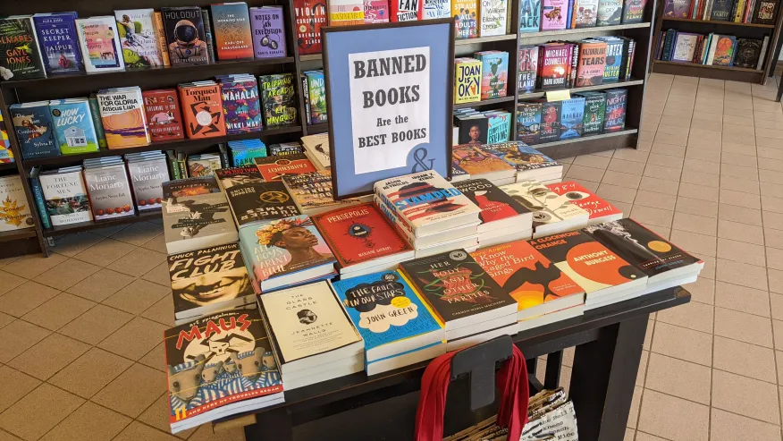 Credit: A “banned books” table at the front of Barnes & Noble. (Corey Morris)