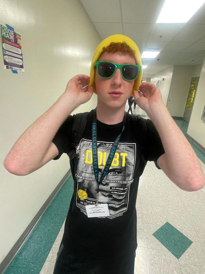 Manor having fun in the hallway in his last year of high school.